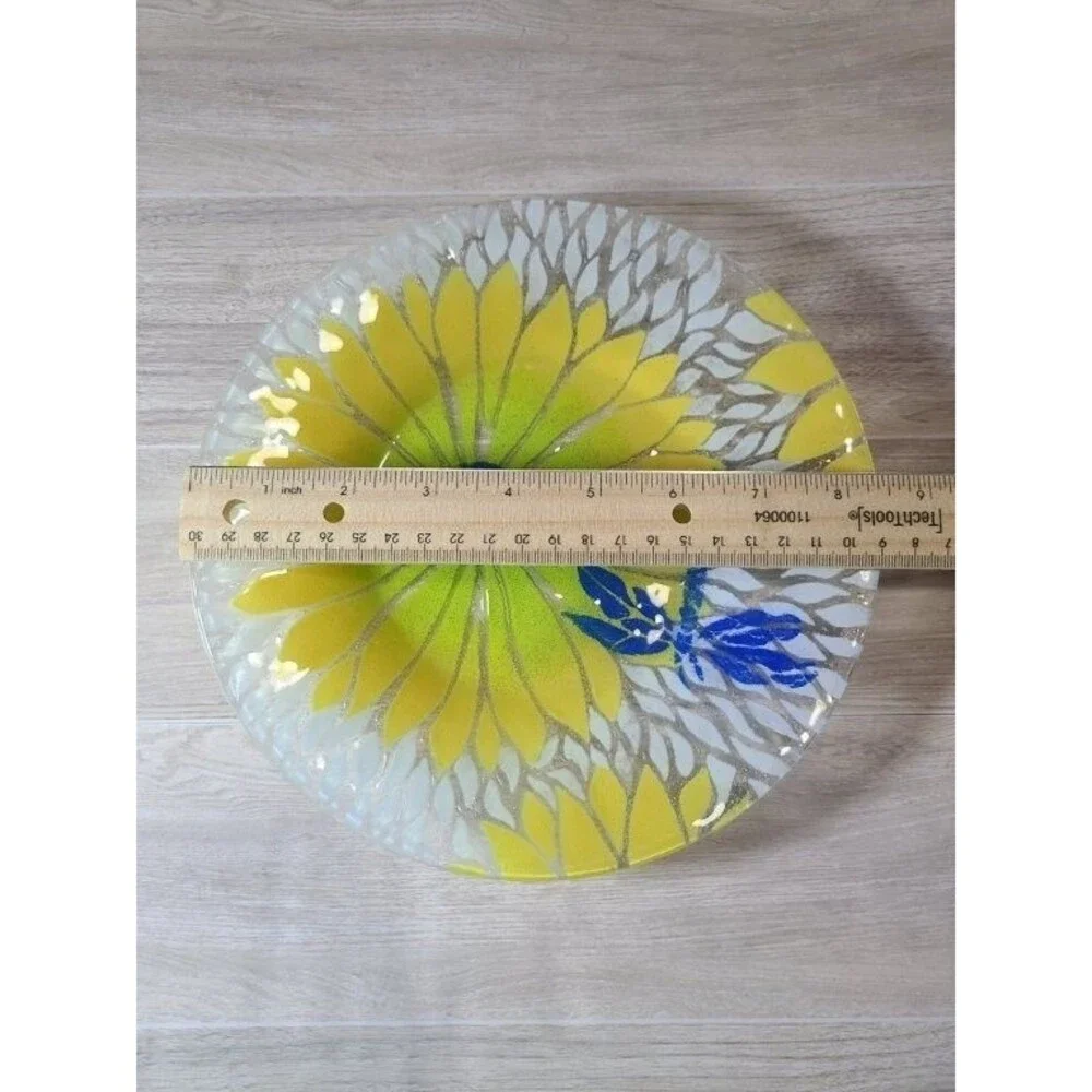 Hand Painted Glass Plate Yellow Flower Dragonfly Stained Glass Style Signed 8.5
